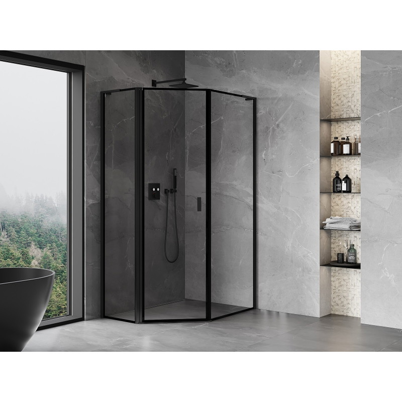 Mexen Mist L asymmetrical pentagonal shower cabin with left hinged door 90 x 100 cm, black frame, black - 8A8L-090-100-70-70-L