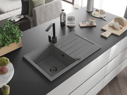 Mexen Bruno 1-compartment granite sink with a drip tray and kitchen mixer tap Rita, Grey - 6513-71-670300-70-B