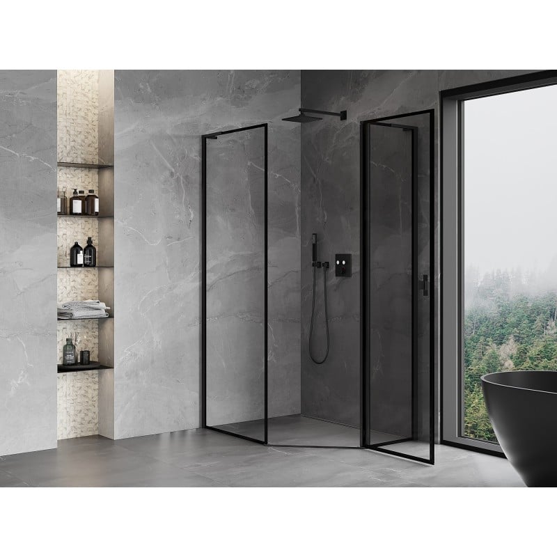 Mexen Mist L pentagonal asymmetrical right-hinged shower cabin 80 x 90 cm, black frame, black - 8A8L-080-090-70-70-P