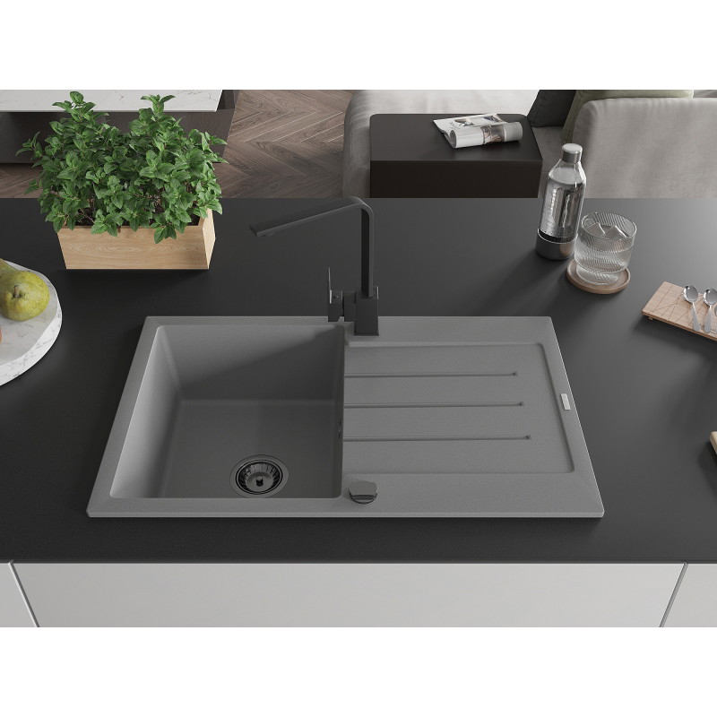 Mexen Bruno granite kitchen sink 1-bowl with drainer and Rita kitchen faucet, gray - 6513-71-670300-70-B