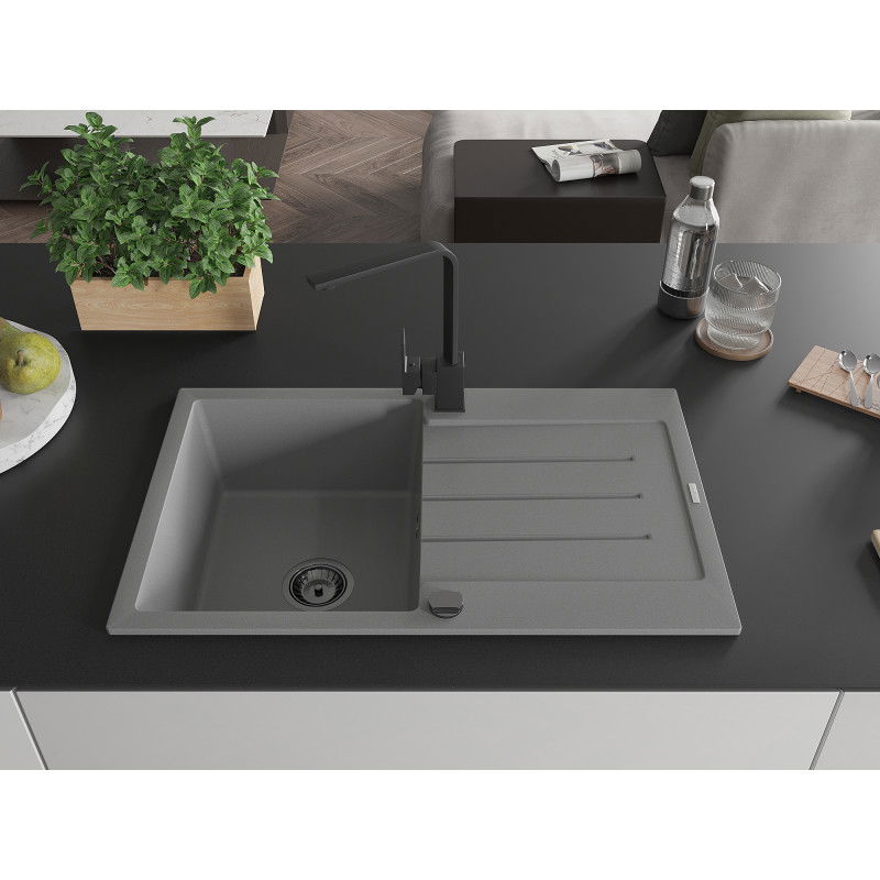 Mexen Bruno single-bowl granite sink with drainer and Rita kitchen tap, grey - 6513-71-670300-70-B