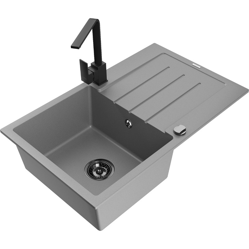 Mexen Bruno granite kitchen sink 1-bowl with drainer and Rita kitchen faucet, gray - 6513-71-670300-70-B