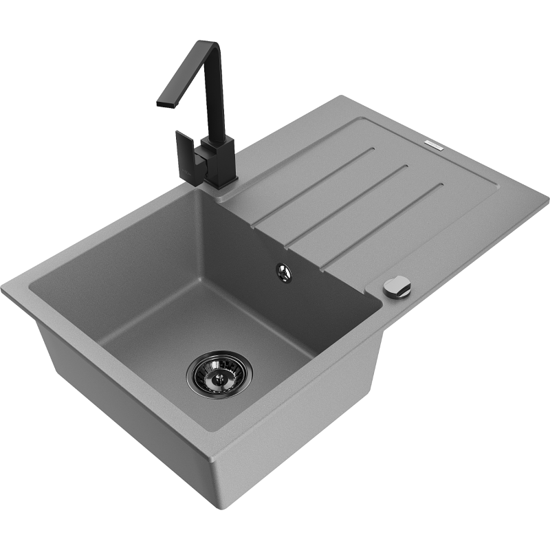 Mexen Bruno single-bowl granite sink with drainer and Rita kitchen tap, grey - 6513-71-670300-70-B