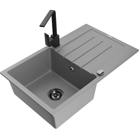Mexen Bruno 1-bowl granite sink with drainer and Rita kitchen faucet, gray - 6513-71-670300-70-B