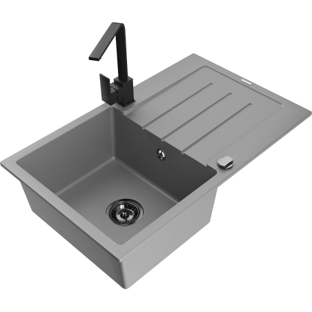 Mexen Bruno single-bowl granite sink with drainer and Rita kitchen tap, grey - 6513-71-670300-70-B