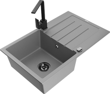 Mexen Bruno 1-bowl granite sink with drainer and Rita kitchen faucet, gray - 6513-71-670300-70-B