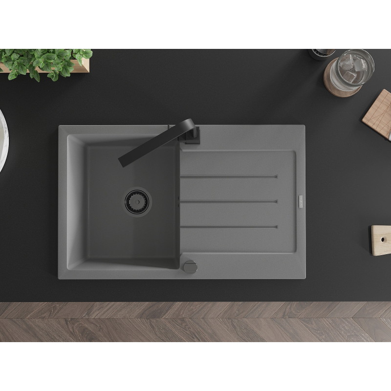 Mexen Bruno 1-bowl granite sink with drainer and Rita kitchen faucet, gray - 6513-71-670300-70-B