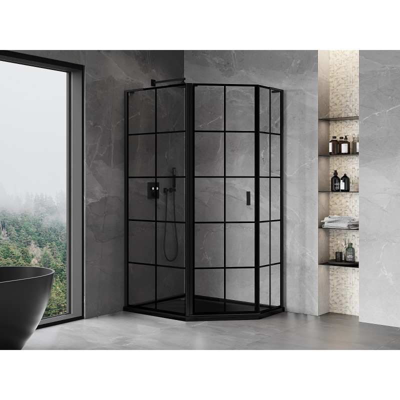 Mexen Mist L asymmetric hinged left pentagonal shower cabin 90 x 80 cm, black grid, black - 8A8L-090-080-70-77-L