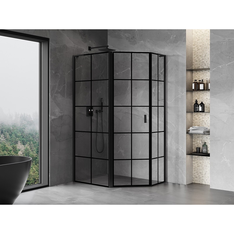 Mexen Mist L pentagonal asymmetrical left-hinged shower cabin 100 x 90 cm, black grid, black - 8A8L-100-090-70-77-L