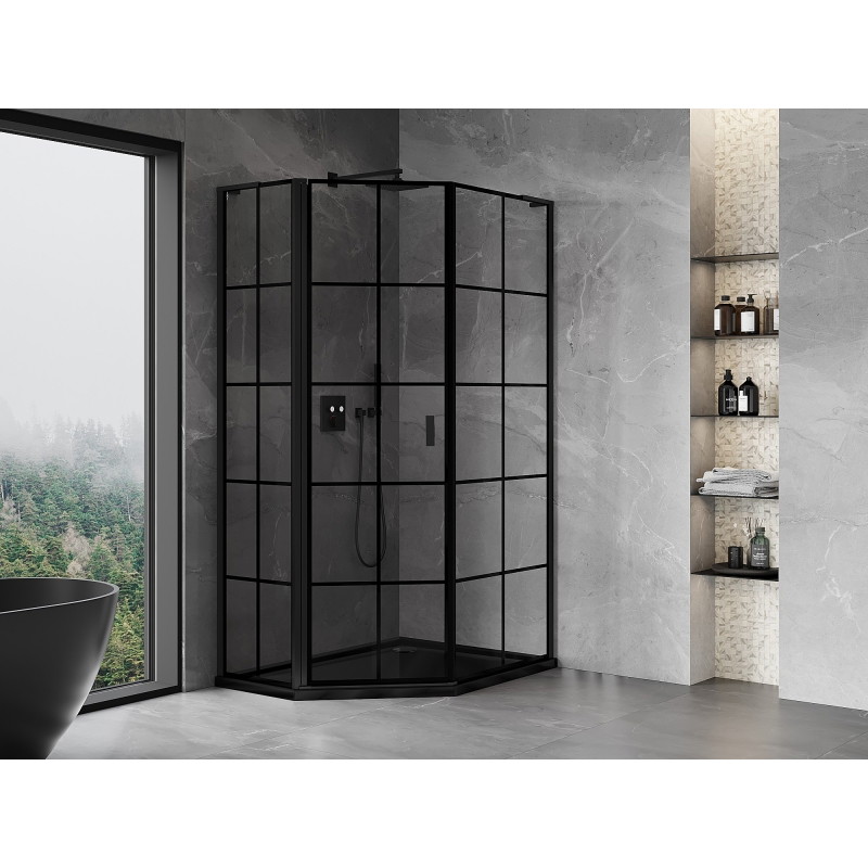 Mexen Mist L asymmetrical hinged left shower cabin, pentagonal, 80 x 90 cm, black grid, black - 8A8L-080-090-70-77-L