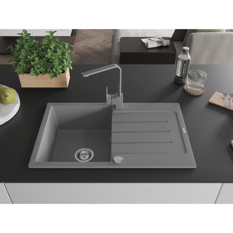 Mexen Bruno 1-bowl granite sink with drainer and Rita kitchen faucet, gray - 6513-71-670300-71