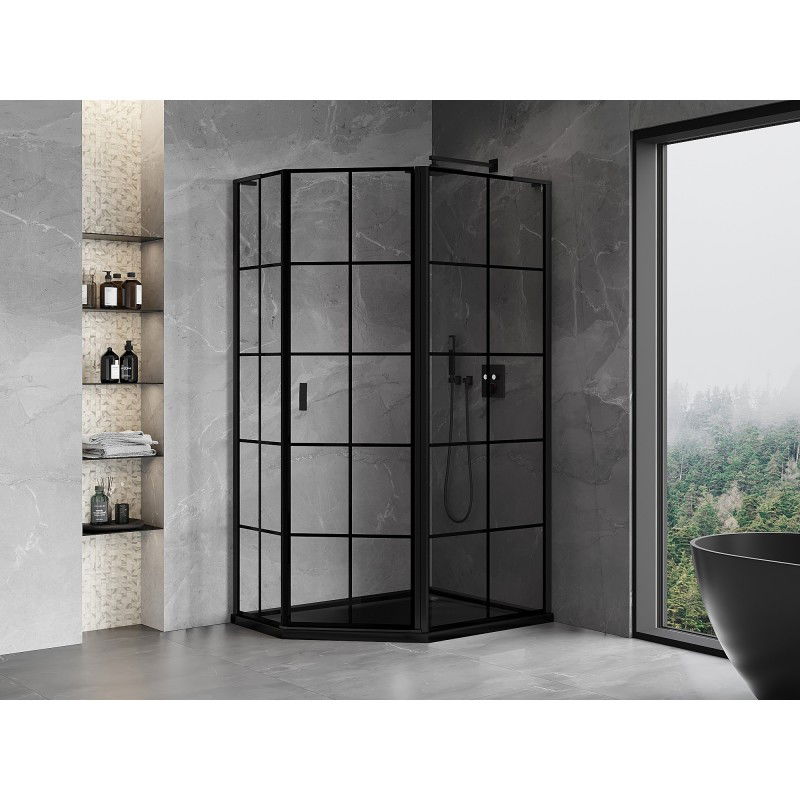Mexen Mist L asymmetrical pentagonal shower cabin right swing 90 x 80 cm, black grid, black - 8A8L-090-080-70-77-P