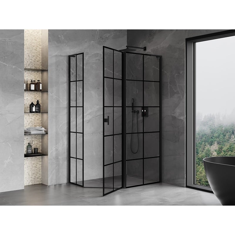 Mexen Mist L pentagonal asymmetrical right-hinged shower enclosure 100 x 80 cm, black grid, black - 8A8L-100-080-70-77-P