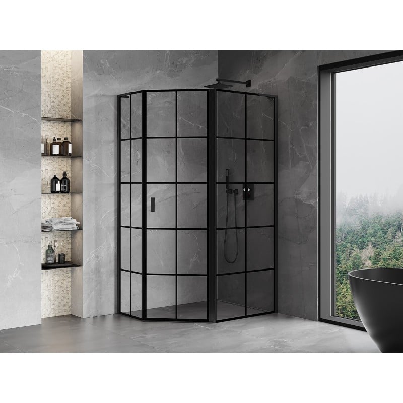 Mexen Mist L asymmetrical pentagon hinged shower enclosure right 100 x 90 cm, black grid, black - 8A8L-100-090-70-77-P