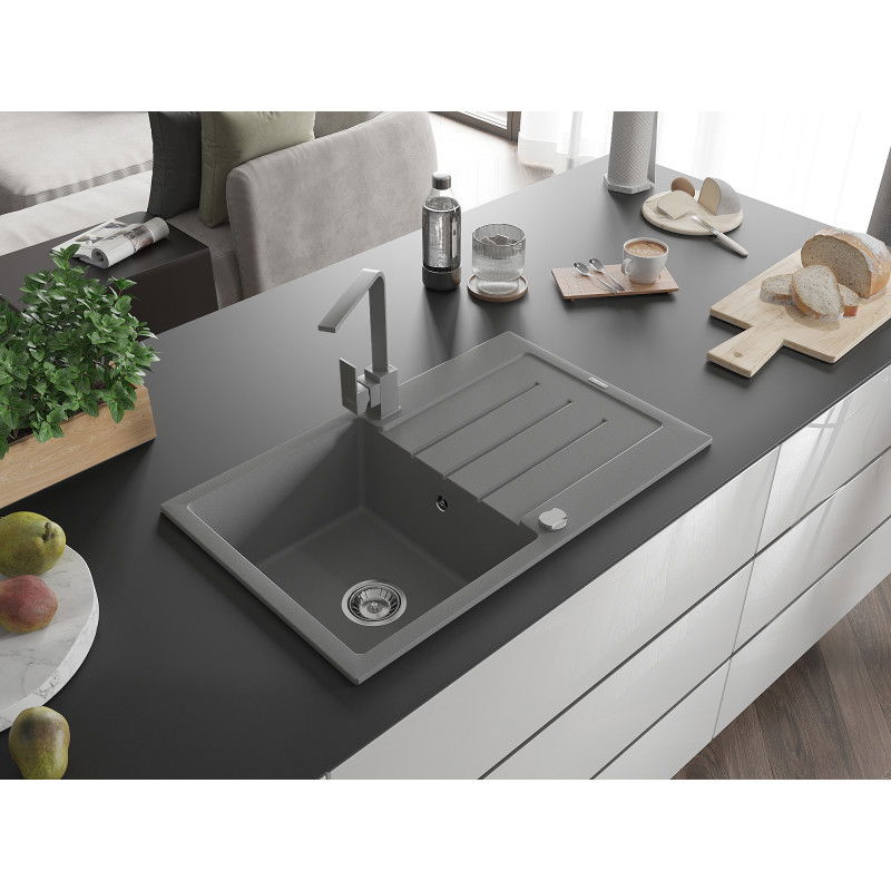 Mexen Bruno granite sink 1-bowl with drainer and Rita kitchen tap, grey - 6513-71-670300-71