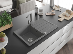 Mexen Bruno 1-compartment granite sink with a drip tray and kitchen mixer tap Rita, Grey - 6513-71-670300-71