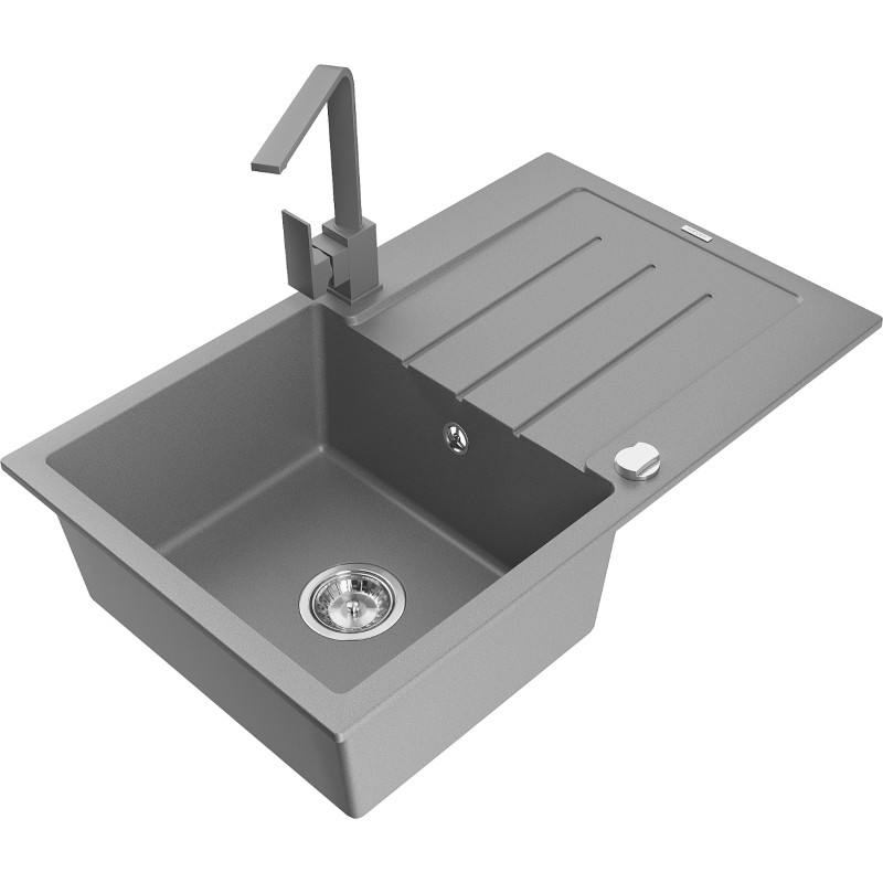 Mexen Bruno 1-bowl granite sink with drainer and Rita kitchen faucet, gray - 6513-71-670300-71