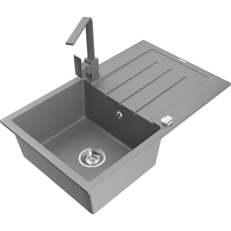 Mexen Bruno 1-compartment granite sink with a drip tray and kitchen mixer tap Rita, Grey - 6513-71-670300-71