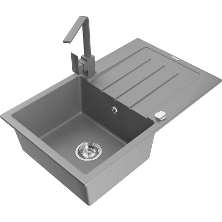 Mexen Bruno 1-bowl granite kitchen sink with drainer and Rita kitchen faucet, gray - 6513-71-670300-71