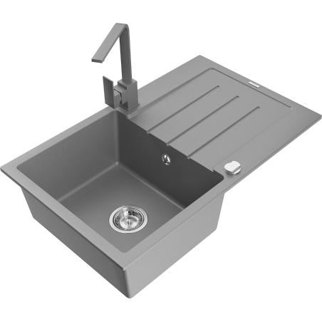 Mexen Bruno granite sink 1-bowl with drainer and Rita kitchen tap, grey - 6513-71-670300-71