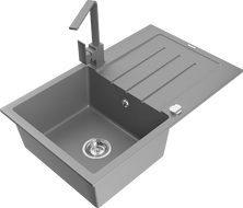 Mexen Bruno 1-bowl granite kitchen sink with drainer and Rita kitchen faucet, gray - 6513-71-670300-71