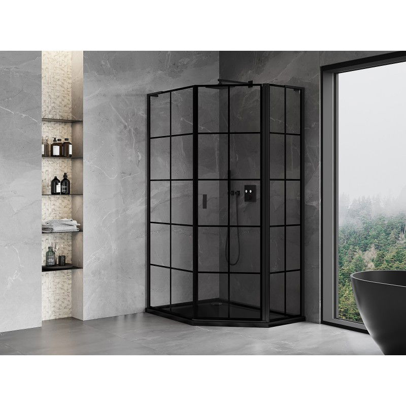 Mexen Mist L pentagonal asymmetric hinged right shower cabin 90 x 100 cm, black grid, black - 8A8L-090-100-70-77-P