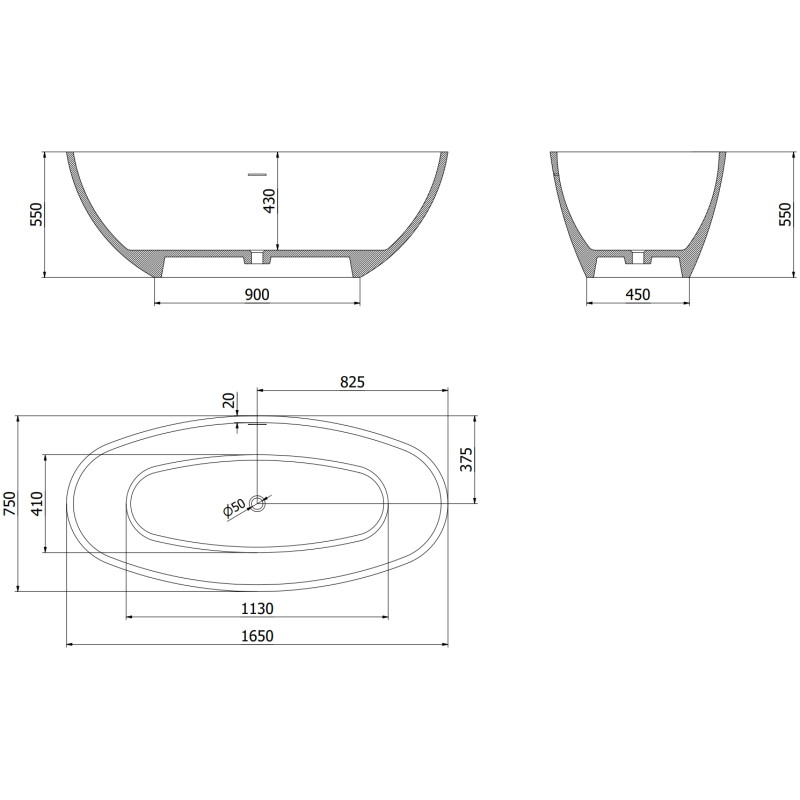 Mexen Bari freestanding bathtub made of conglomerate 165 x 75 cm, matte black - 57221657570