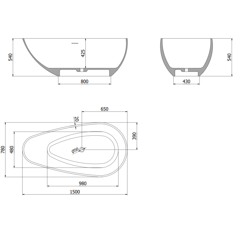 Mexen Palermo free-standing conglomerate bathtub 150 x 78 cm, white matte - 57211507800