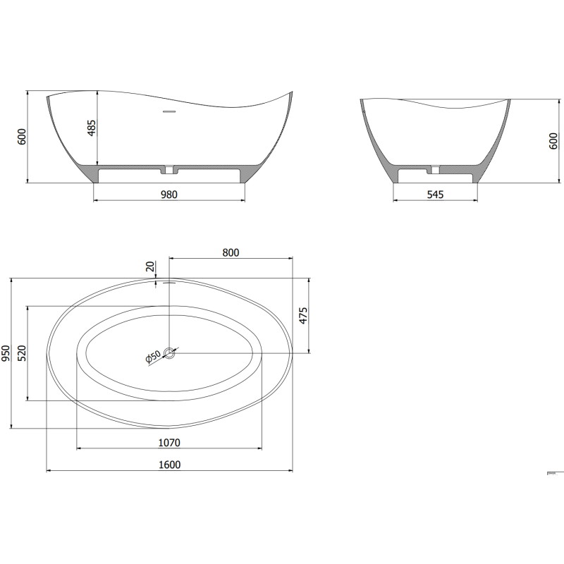 Mexen Parma freestanding bathtub made of conglomerate 160 x 95 cm, white matte - 57231609500