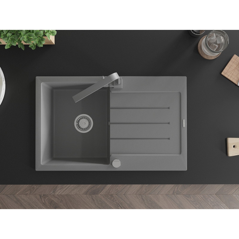 Mexen Bruno 1-bowl granite sink with drainer and Rita kitchen faucet, gray - 6513-71-670300-71