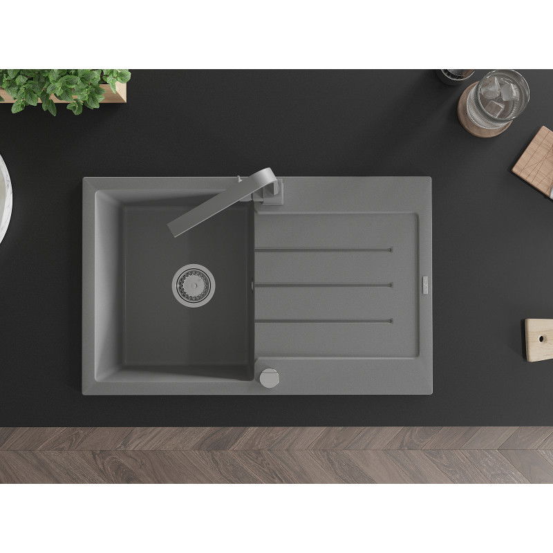 Mexen Bruno granite sink 1-bowl with drainer and Rita kitchen tap, grey - 6513-71-670300-71