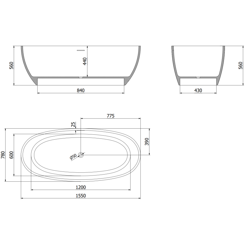 Mexen Torino freestanding bathtub made of conglomerate 155 x 78 cm, white matt - 57271557800