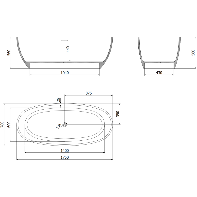 Mexen Torino freestanding bath made of conglomerate 175 x 78 cm, matte concrete - 57271757861