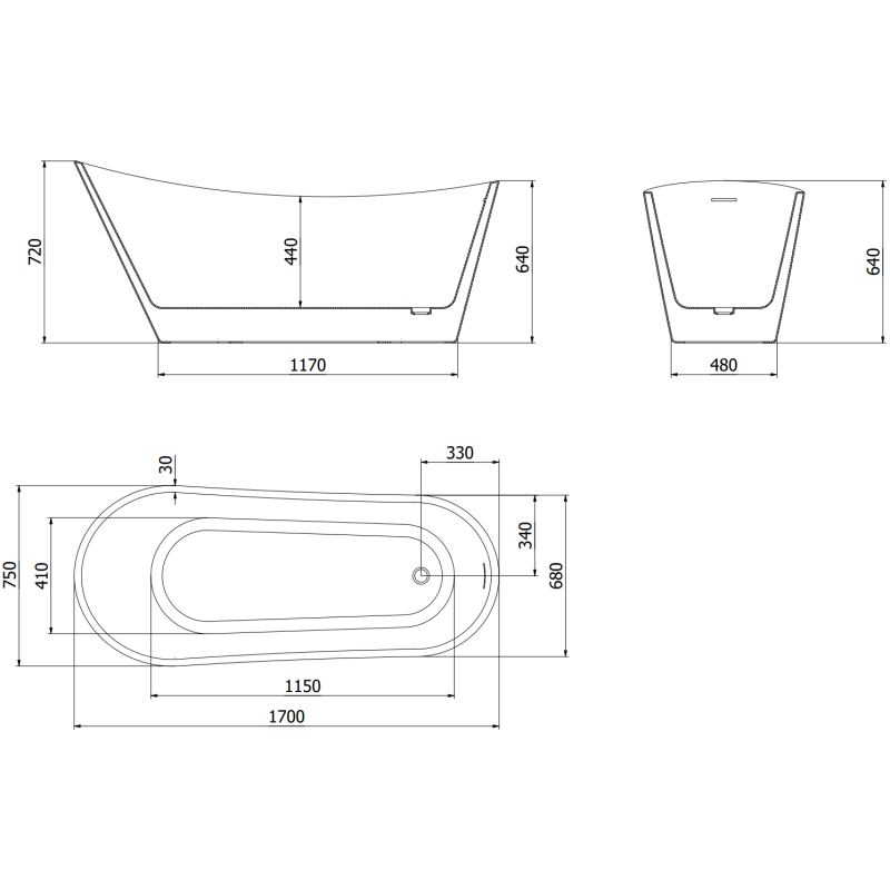 Mexen Alta 170 x 75 cm Freestanding Bath, White, Gun Metal Overflow - 52141707500-95