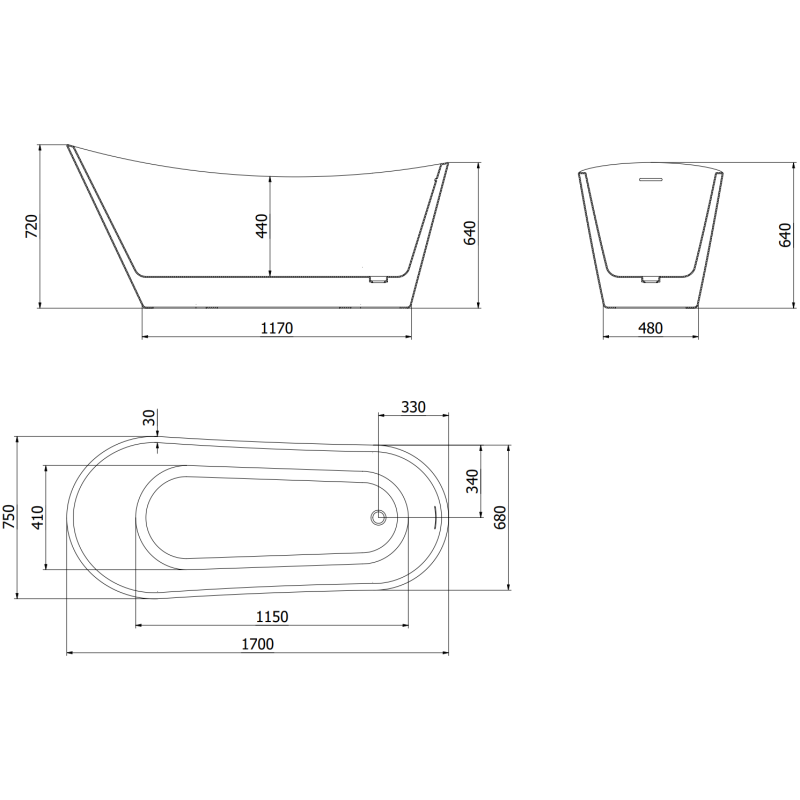 Mexen Alta Freestanding Bath 170 x 75 cm, White, Black Overflow - 52141707500-70