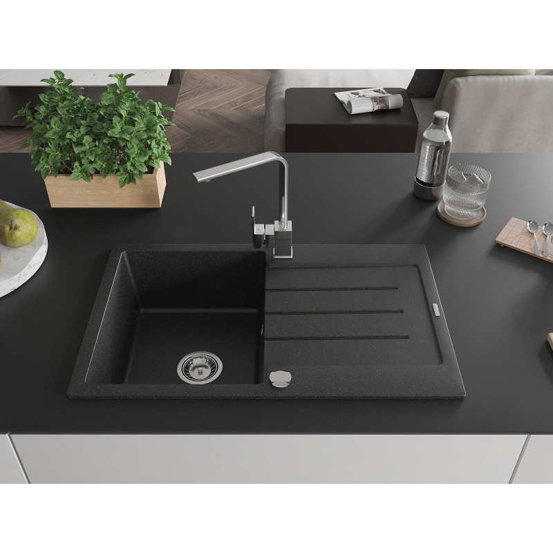 Mexen Bruno granite kitchen sink 1-bowl with drainer and kitchen faucet Rita, black/silver metallic - 6513-73-670300-00