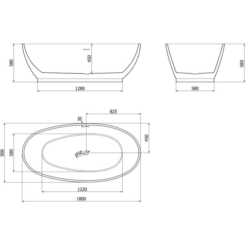 Mexen Bilbao freestanding bath 180 x 90 cm, white/black, brushed copper overflow - 51311809075-65