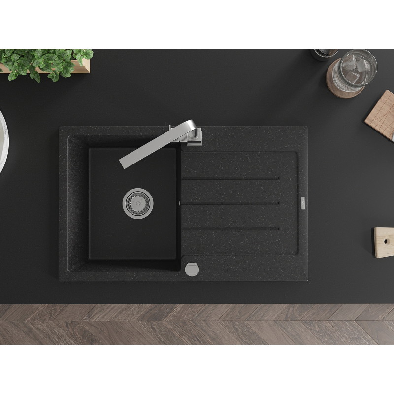 Mexen Bruno granite kitchen sink 1-bowl with drainer and kitchen faucet Rita, black/silver metallic - 6513-73-670300-00