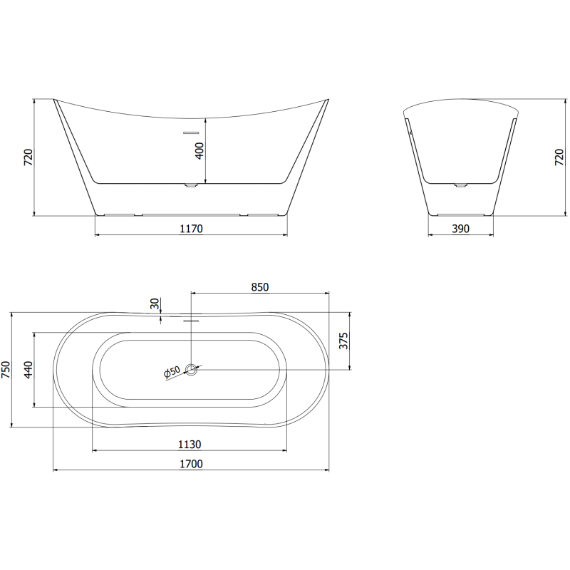 Mexen Celia freestanding bathtub 170 x 75 cm, white, white overflow - 52331707500-20