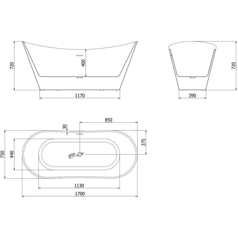 Mexen Celia freestanding bath 170 x 75 cm, white/black, brushed nickel overflow - 52331707575-97