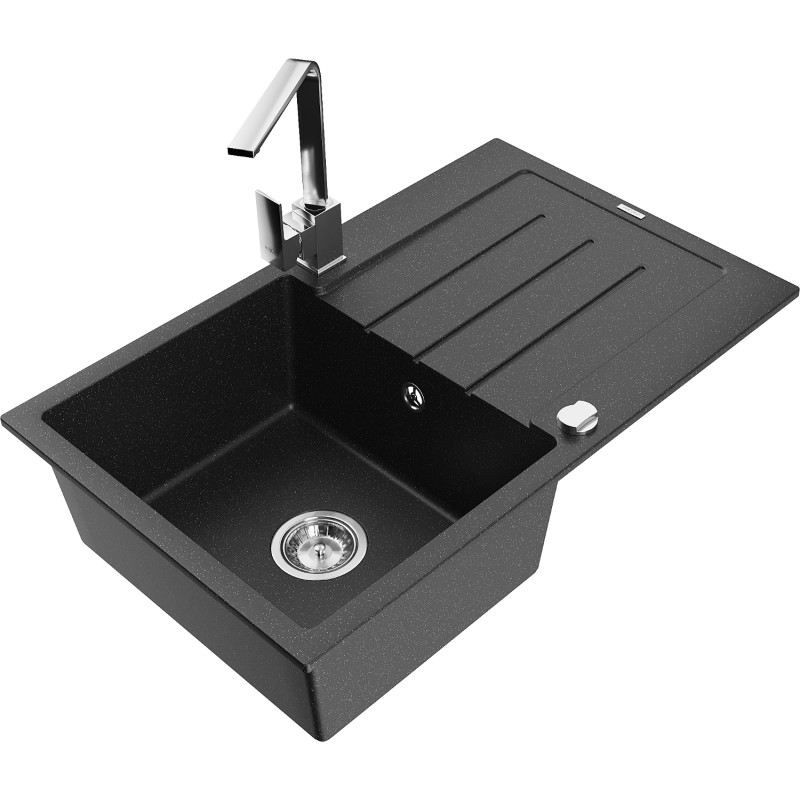 Mexen Bruno granite sink 1-bowl with drainer and kitchen faucet Rita, black/silver metallic - 6513-73-670300-00