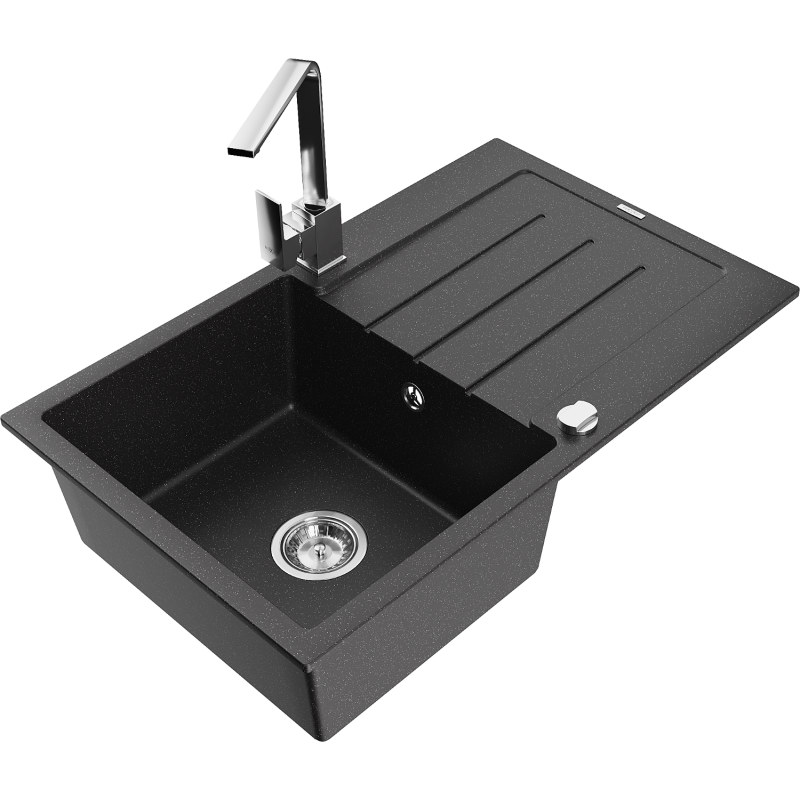 Mexen Bruno single-chamber granite sink with drainer and Rita kitchen tap, black/silver metallic - 6513-73-670300-00