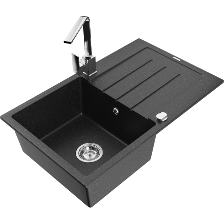 Mexen Bruno granite sink 1-bowl with drainer and kitchen faucet Rita, black/silver metallic - 6513-73-670300-00