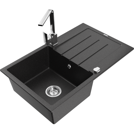 Mexen Bruno single-chamber granite sink with drainer and Rita kitchen tap, black/silver metallic - 6513-73-670300-00