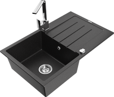 Mexen Bruno granite kitchen sink 1-bowl with drainer and kitchen faucet Rita, black/silver metallic - 6513-73-670300-00