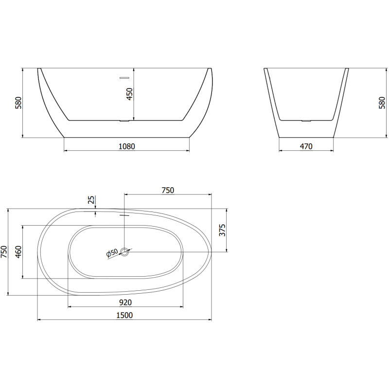 Mexen Eos freestanding bath 150 x 75 cm, white, gun metal overflow - 52471507500-95