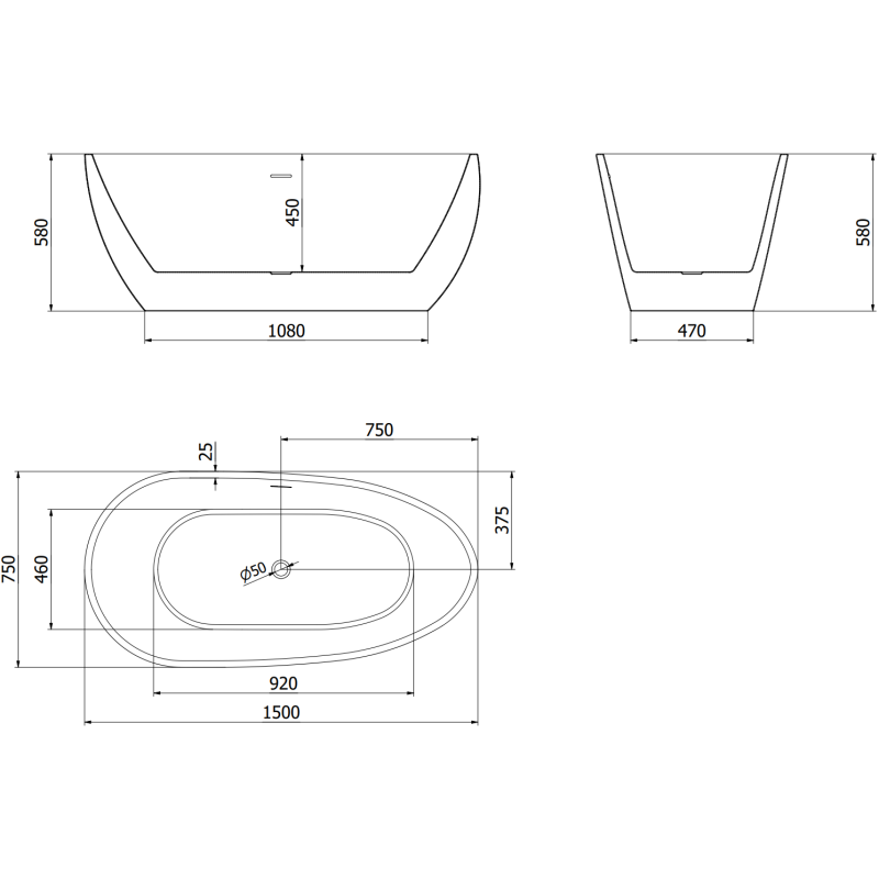 Mexen Eos freestanding bathtub 150 x 75 cm, white/black, gun metal overflow - 52471507575-95