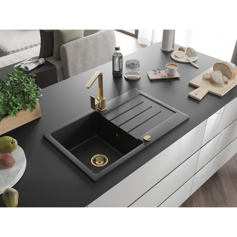 Mexen Bruno granite kitchen sink single-bowl with drainer and Rita faucet, black/silver metallic - 6513-73-670300-50