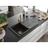 Mexen Bruno granite sink 1-bowl with drainer and kitchen faucet Rita, black/silver metallic - 6513-73-670300-50