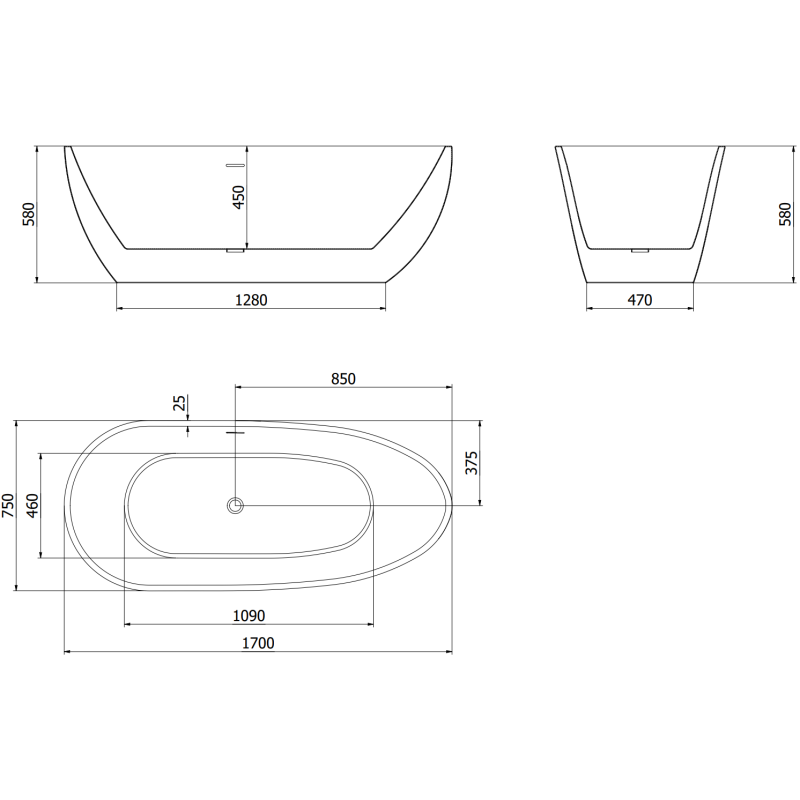 Mexen Eos freestanding bath 170 x 75 cm, white/black, gold brushed overflow - 52471707575-55